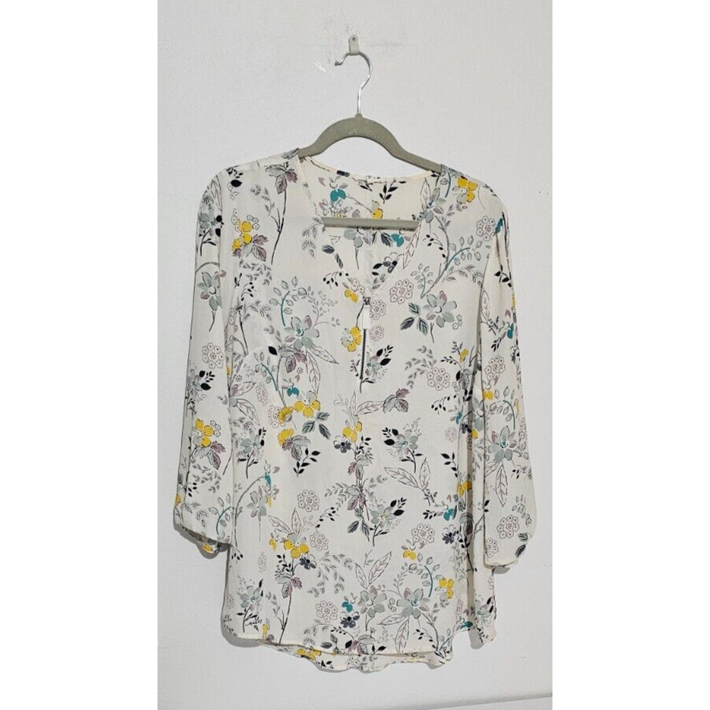 Maurices Women's White Yellow Floral Semi Sheer V Neck Top Shirt 3/4 Sleeve XL 0